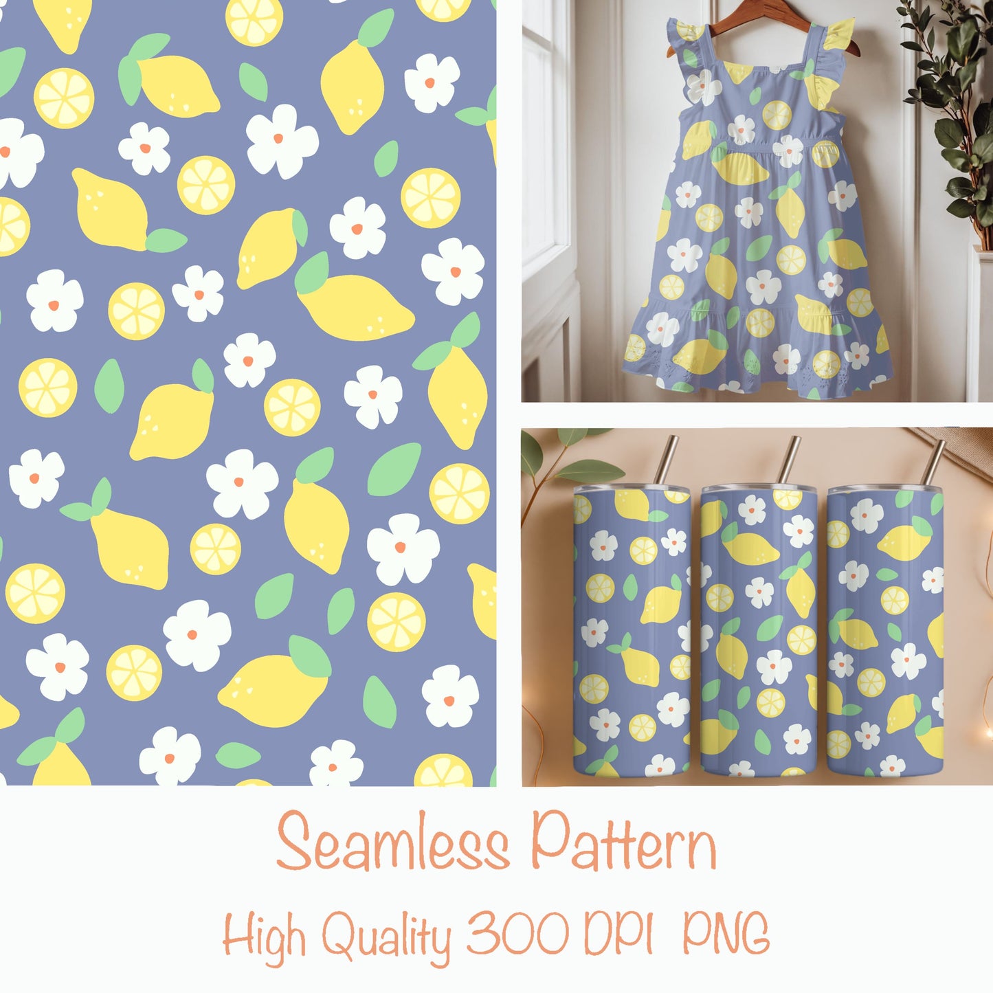 Seamless Lemon Floral Pattern PNG, Citrus Blue Digital Paper 12x12, Summer Fruit Surface Pattern Design for Fabric, Packaging, Stationery, Commercial Use
