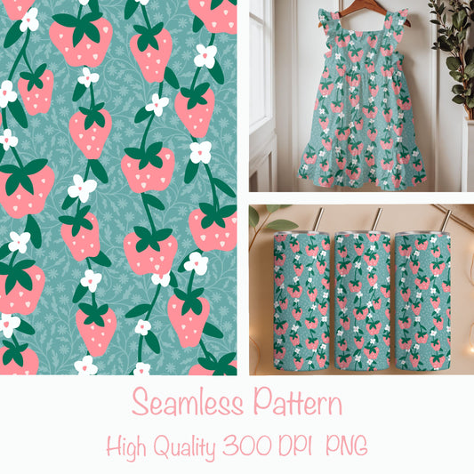 Seamless Strawberry Vine Pattern PNG, Pink Botanical Fruit Digital Paper 12x12, Cottagecore Floral Surface Pattern for Fabric, Packaging, Commercial Use