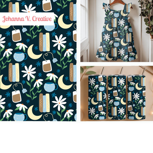 Cottagecore Tea & Books Seamless Pattern – Celestial Moon, Daisies & Cozy Reading Design