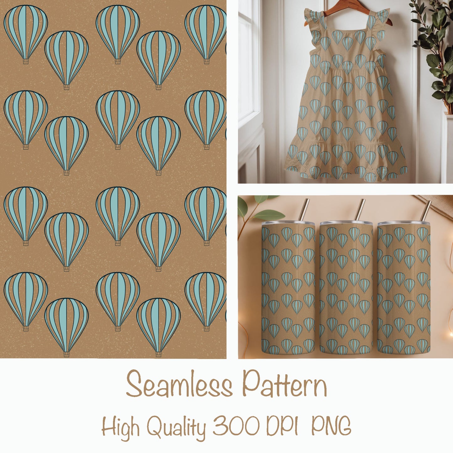 Vintage Hot Air Balloon Seamless Pattern PNG, Earth Tone Balloon Print 12x12, Neutral Travel Pattern, Retro Sky Design, Commercial Use