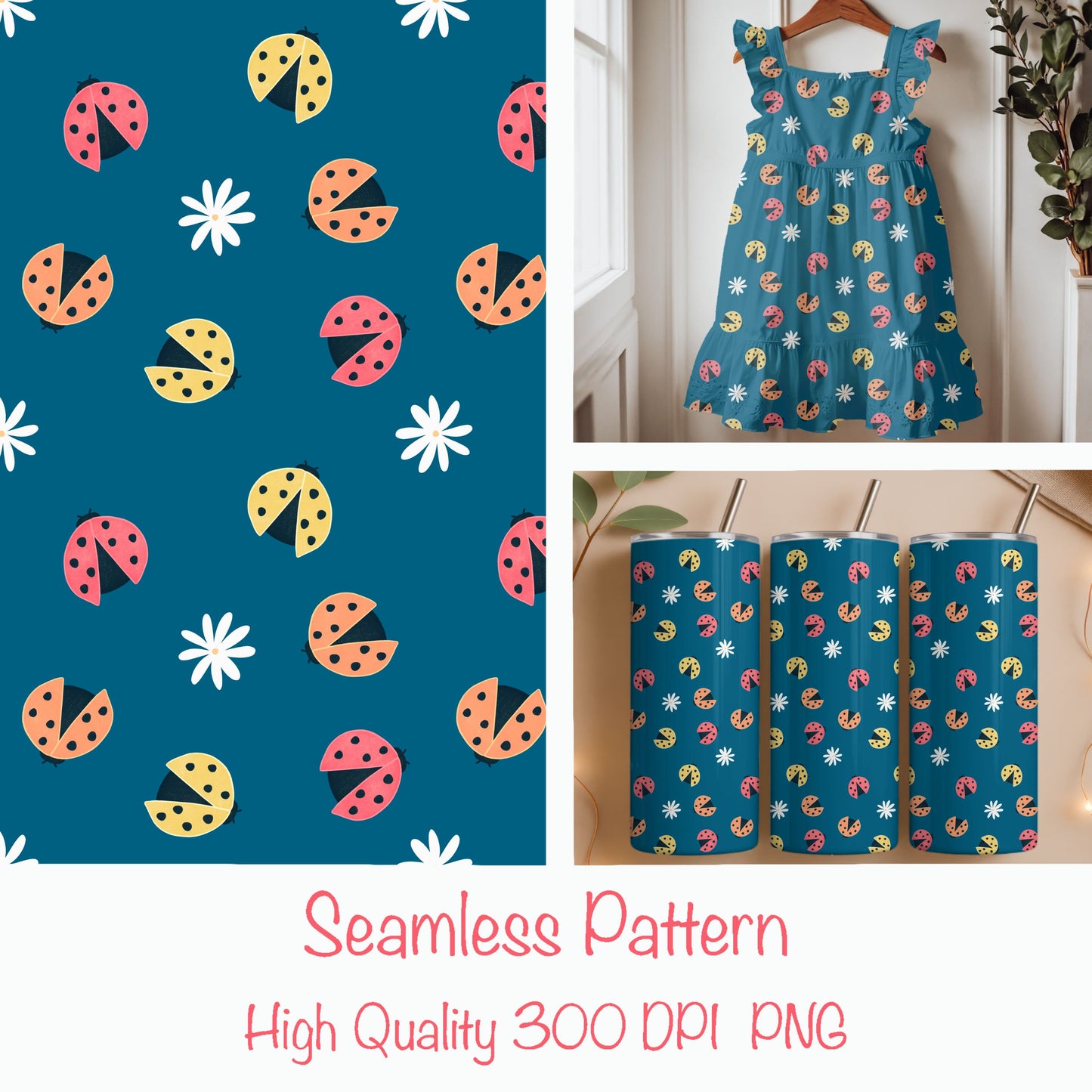 Seamless Ladybug Pattern PNG, Blue Cute Floral Bug Digital Paper 12x12, Whimsical Nature Surface Pattern for Fabric, Packaging, Kids Design, Commercial Use