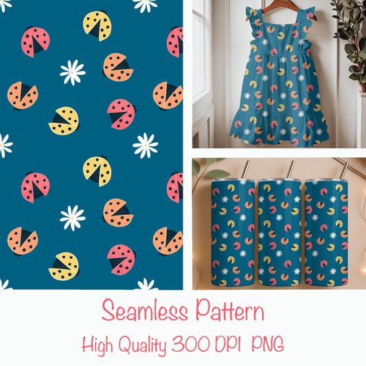 Seamless Ladybug Pattern PNG, Blue Cute Floral Bug Digital Paper 12x12, Whimsical Nature Surface Pattern for Fabric, Packaging, Kids Design, Commercial Use