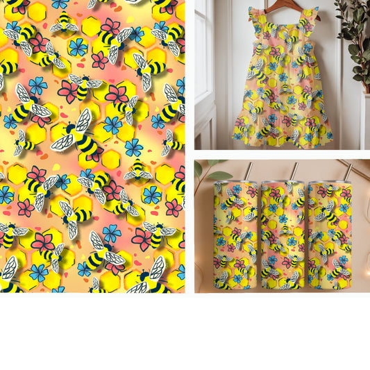 Bees and Honeycomb on Peach Seamless Pattern
