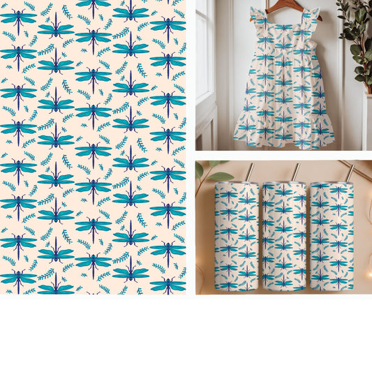 Dragonfly Meadow | Hand-Drawn Dragonfly Seamless Pattern