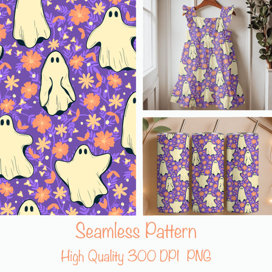 Floral Ghost Seamless Pattern – Cute Spooky Ghosts with Flowers (Vibrant Purple Edition)