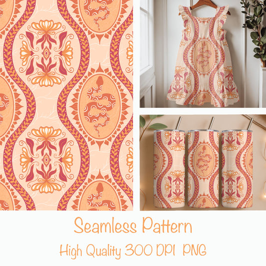 Desert Serpent Seamless Pattern – Boho Snake & Ornamental Print in Sunset Orange | Commercial Use Surface Design
