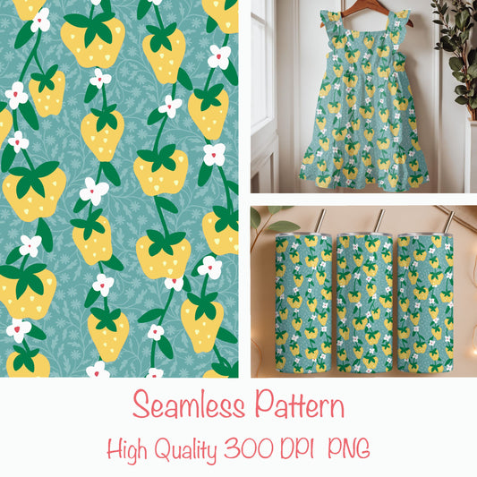 Seamless Strawberry Vine Pattern PNG, Yellow Botanical Fruit Digital Paper 12x12, Cottagecore Floral Surface Pattern for Fabric, Packaging, Commercial Use