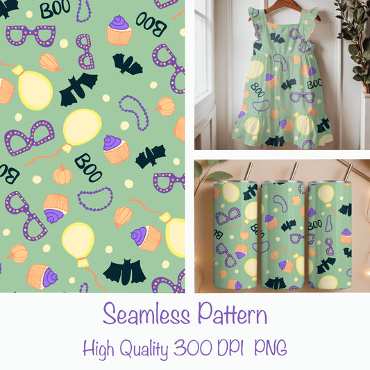 Boo Bash Halloween Seamless Pattern – Cute Party Print with Bats, Cupcakes & Balloons