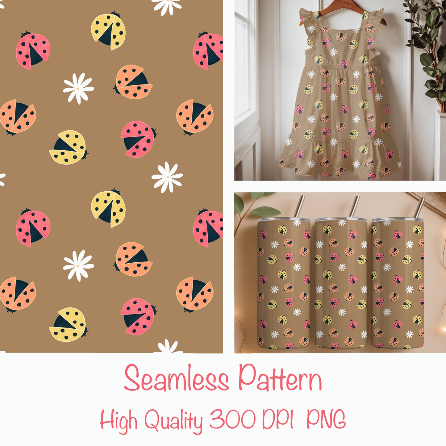 Seamless Ladybug Pattern PNG, Cute Floral Bug Digital Paper 12x12, Whimsical Nature Surface Pattern for Fabric, Packaging, Kids Design, Commercial Use