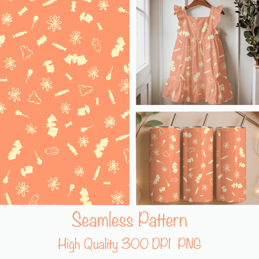 Halloween Candy Toss Seamless Pattern – Cute Spooky Treats Design (Classic Orange Edition)