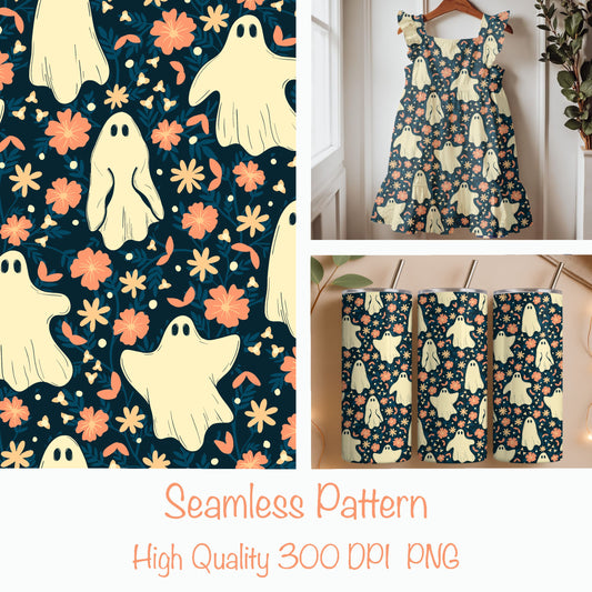 Floral Ghost Seamless Pattern – Cute Spooky Ghosts with Flowers (Deep Teal Edition)