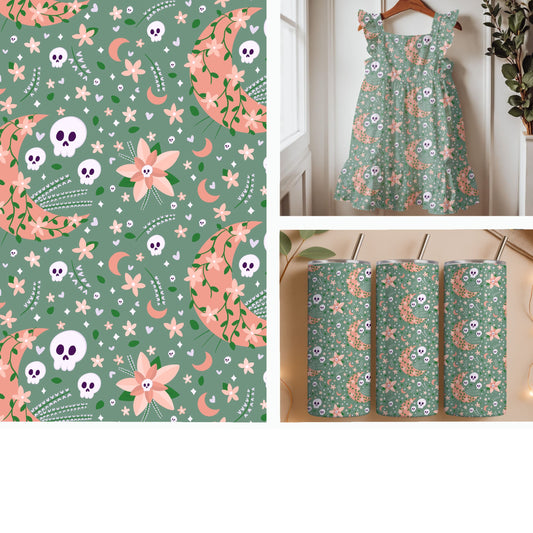 Floral Crescent Moons and Skulls on Sage Green | Whimsical Halloween Seamless Pattern
