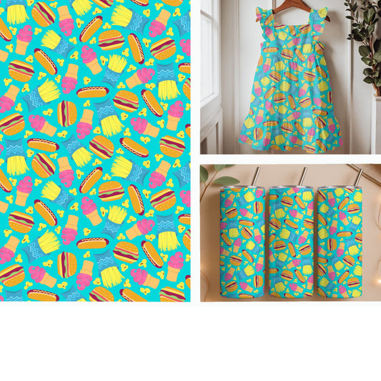 Retro Fast Food Favorites on Bright Aqua Seamless Pattern