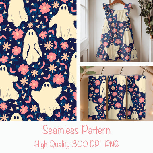 Floral Ghost Seamless Pattern – Cute Spooky Ghosts with Flowers (Midnight Blue Edition)