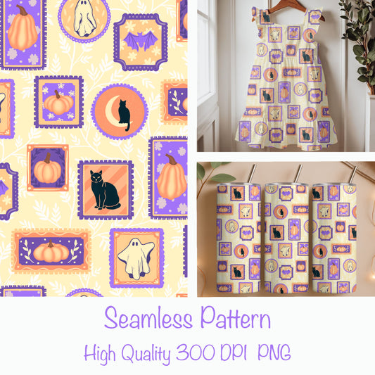 Vintage Halloween Gallery Seamless Pattern – Soft Ghosts, Cats & Pumpkins (Cream Edition)