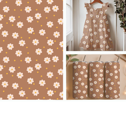 White Daisies on Warm Taupe Seamless Pattern