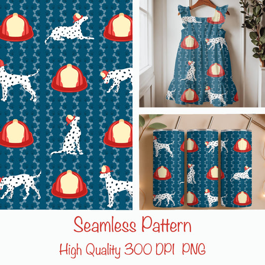 Firehouse Dalmatian Seamless Pattern – Playful Dog & Fire Hat Print in Deep Blue | Commercial Use Surface Design