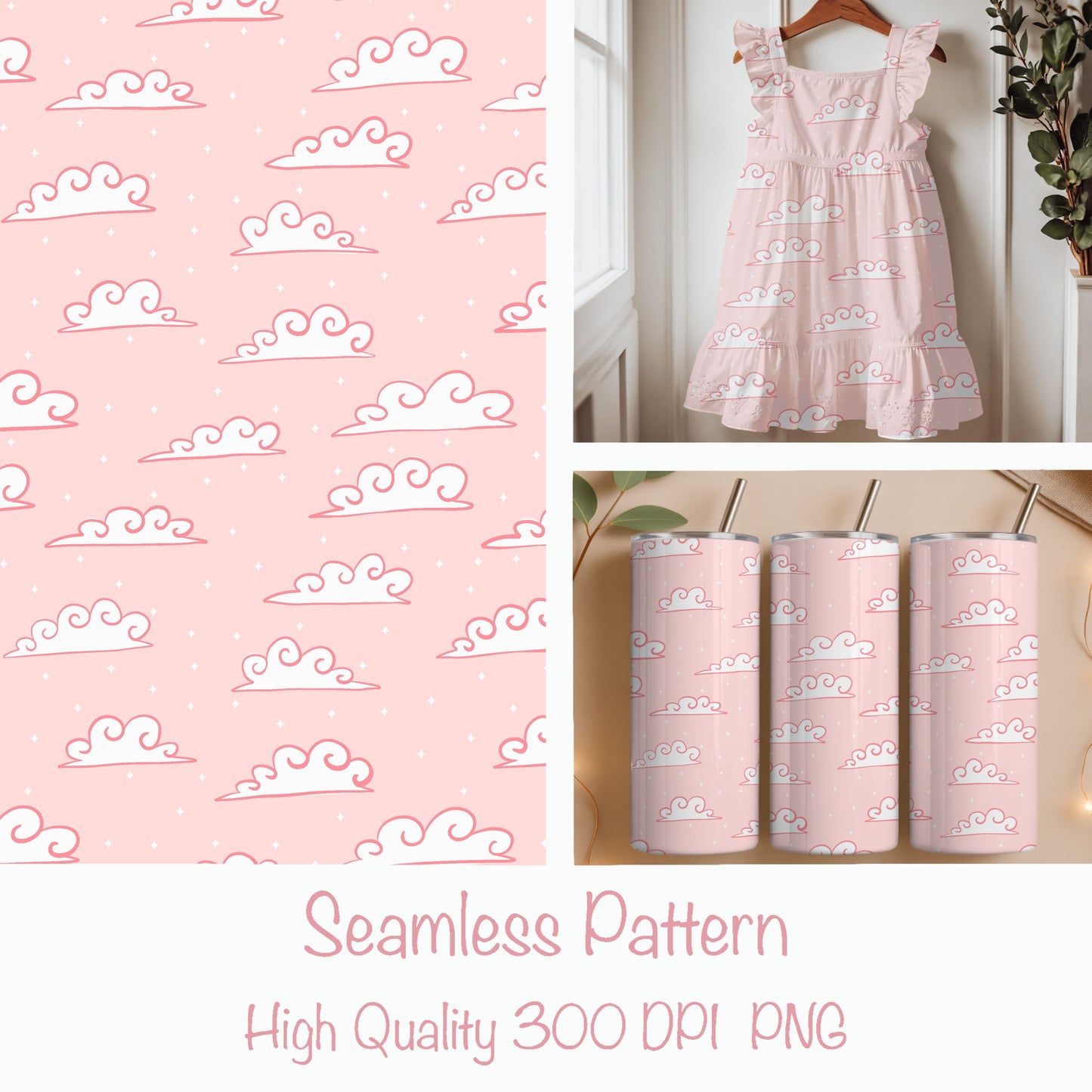 Whimsical Cloud Seamless Pattern PNG, Pink Sky Cloud Digital Paper 12x12, Cute Nursery Cloud Print, Soft Sky Pattern, Commercial Use