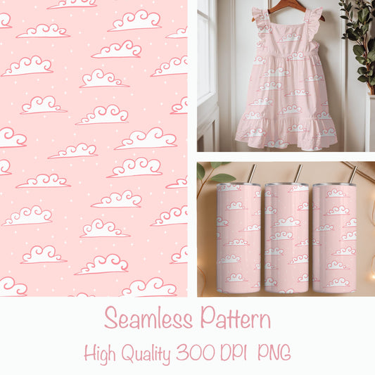 Whimsical Cloud Seamless Pattern PNG, Pink Sky Cloud Digital Paper 12x12, Cute Nursery Cloud Print, Soft Sky Pattern, Commercial Use