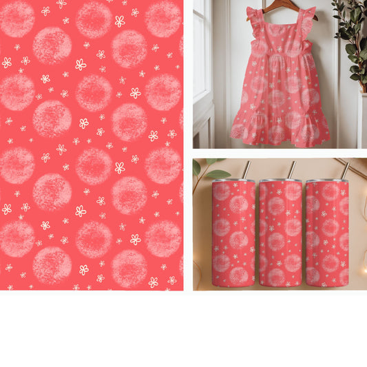 Coral Textured Polka Dots with Tiny White Flowers Seamless Pattern