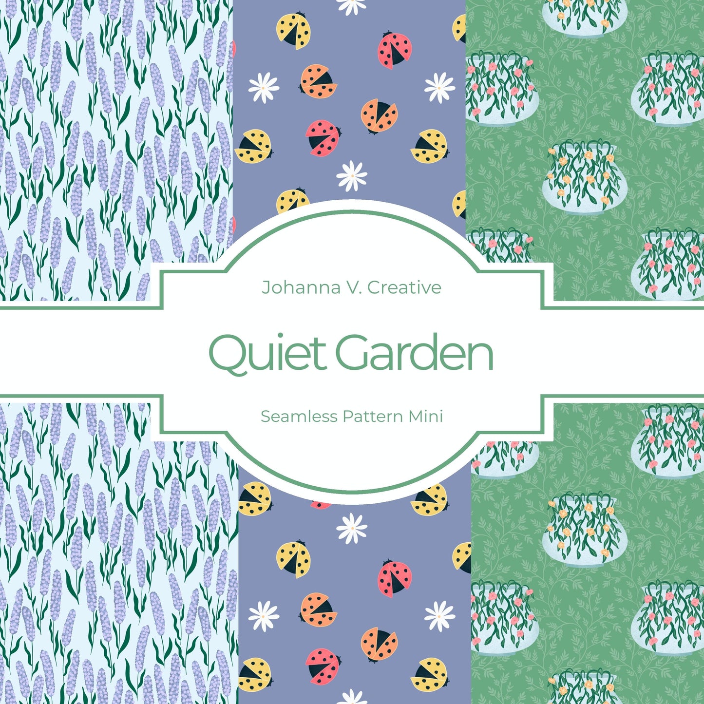Spring Cottage Seamless Pattern Bundle | Floral Vase, Ladybug & Lavender Digital Paper Collection | Whimsical Surface Pattern Set