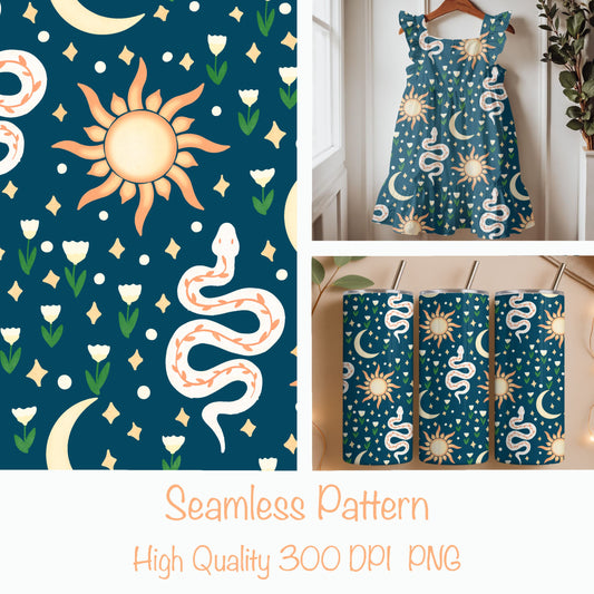 Celestial Serpent Garden Seamless Pattern – Boho Sun, Moon & Snake Print in Deep Teal | Commercial Use Surface Design