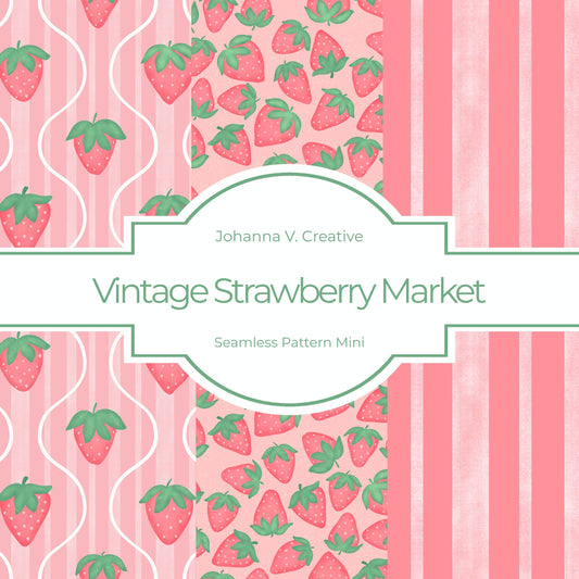 Pink Strawberry Seamless Pattern Bundle | Retro Strawberry Digital Paper Collection | Cute Cottagecore Surface Pattern Set