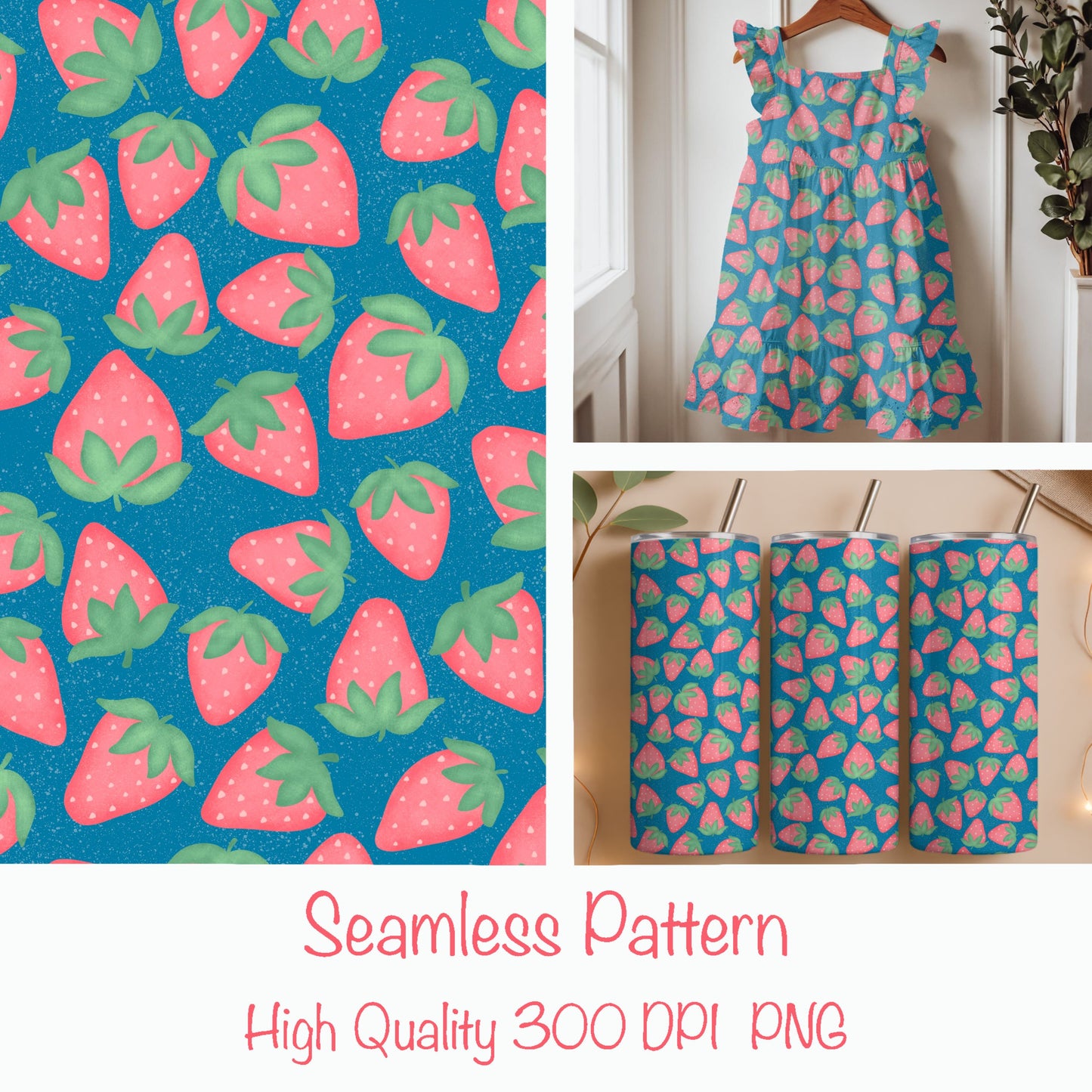 Seamless Strawberry Pattern PNG, Blue Hand Drawn Fruit Digital Paper 12x12, Cute Watercolor Style Surface Pattern for Fabric, Packaging, Commercial Use