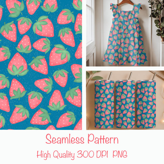 Seamless Strawberry Pattern PNG, Blue Hand Drawn Fruit Digital Paper 12x12, Cute Watercolor Style Surface Pattern for Fabric, Packaging, Commercial Use