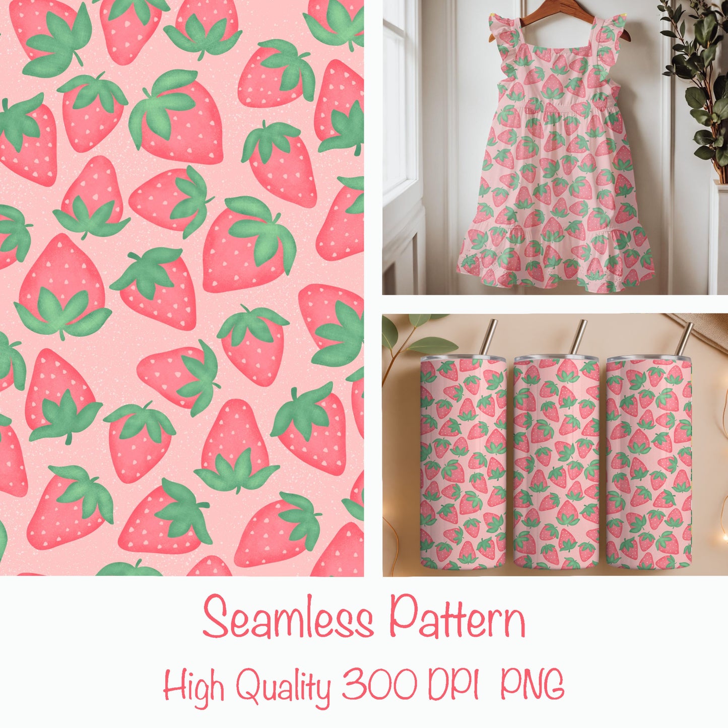 Seamless Strawberry Pattern PNG, Soft Pink Hand Drawn Fruit Digital Paper 12x12, Cute Watercolor Style Surface Pattern for Fabric, Packaging, Commercial Use