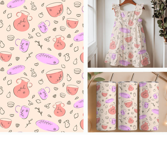 Cozy Tea Time Kitchen | Teacups Pitchers and Fruit Seamless Pattern