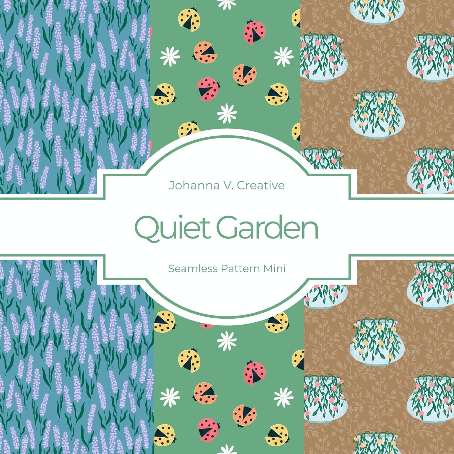 Whimsical Spring Seamless Pattern Bundle | Ladybug, Floral Vase & Lavender Digital Paper Collection | Commercial Use Surface Pattern Set