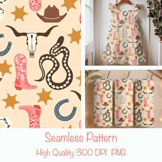Neutral Western Seamless Pattern – Cowgirl Boots, Snakes & Longhorn Print in Warm Tan | Commercial Use Surface Design