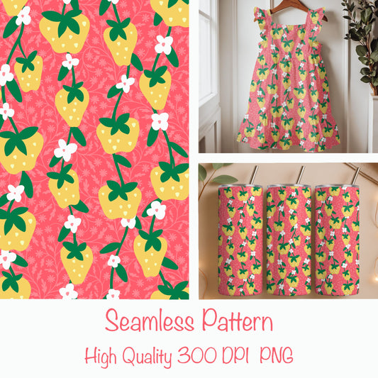 Seamless Strawberry Vine Pattern PNG, Yellow Botanical Fruit Digital Paper 12x12, Pink Floral Cottagecore Surface Pattern for Fabric, Packaging, Commercial Use
