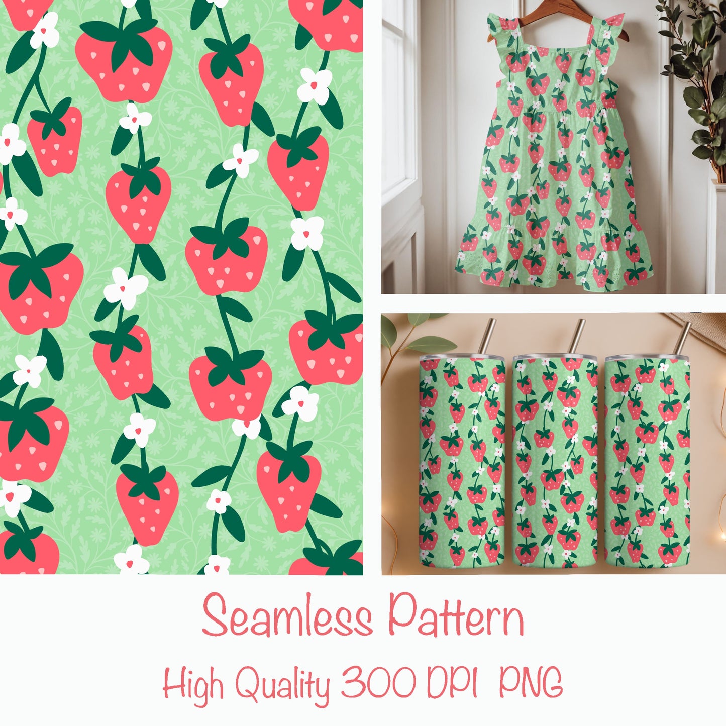 Seamless Strawberry Vine Pattern PNG, Green Botanical Fruit Digital Paper 12x12, Spring Floral Surface Pattern Design for Fabric, Packaging, Commercial Use
