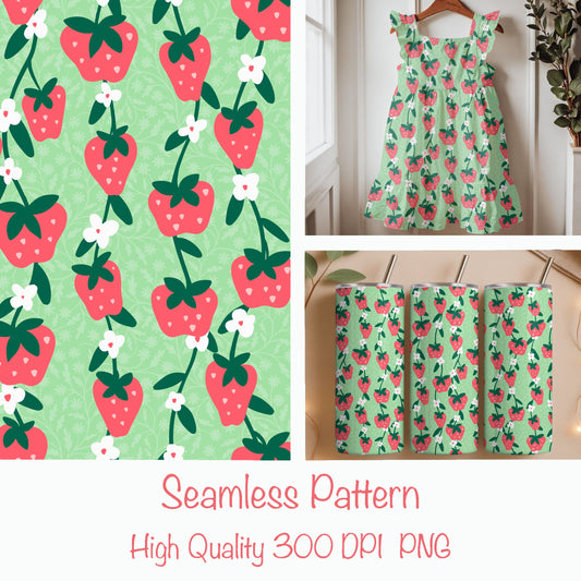 Seamless Strawberry Vine Pattern PNG, Green Botanical Fruit Digital Paper 12x12, Spring Floral Surface Pattern Design for Fabric, Packaging, Commercial Use
