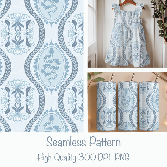 Desert Serpent Seamless Pattern – Boho Snake & Ornamental Print in Soft Blue | Commercial Use Surface Design