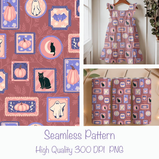 Vintage Halloween Frames Seamless Pattern – Ghosts, Cats & Pumpkins in Mauve | Cozy Storybook Fall Design