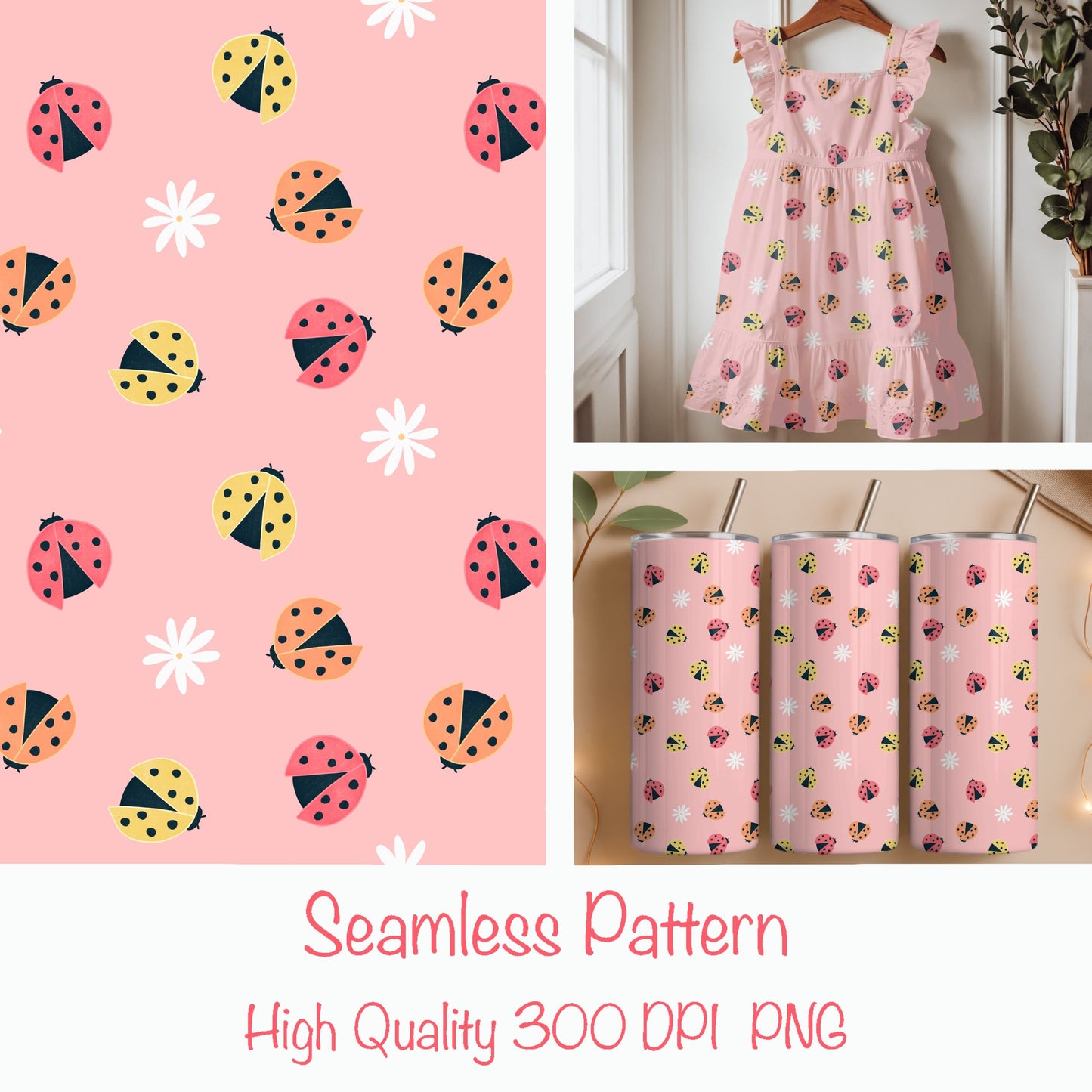 Seamless Ladybug Pattern PNG, Pink Cute Floral Bug Digital Paper 12x12, Whimsical Nature Surface Pattern for Fabric, Nursery, Packaging, Commercial Use