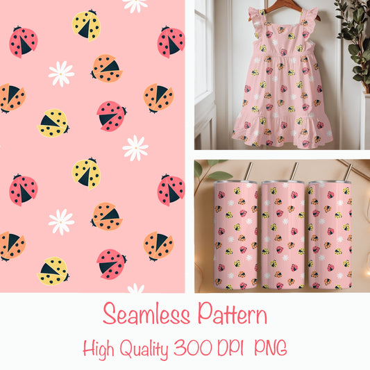 Seamless Ladybug Pattern PNG, Pink Cute Floral Bug Digital Paper 12x12, Whimsical Nature Surface Pattern for Fabric, Nursery, Packaging, Commercial Use