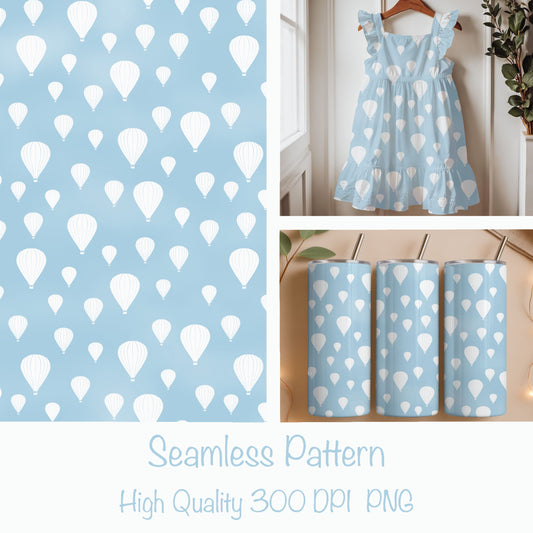 Seamless Hot Air Balloon Pattern PNG, Blue Sky Minimal Balloon Digital Paper 12x12, Nursery Fabric Pattern, Soft Sky Repeat, Commercial Use