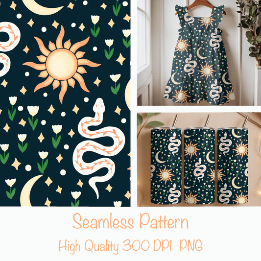 Celestial Serpent Garden Seamless Pattern – Boho Sun, Moon & Snake Print in Midnight Teal | Commercial Use Surface Design