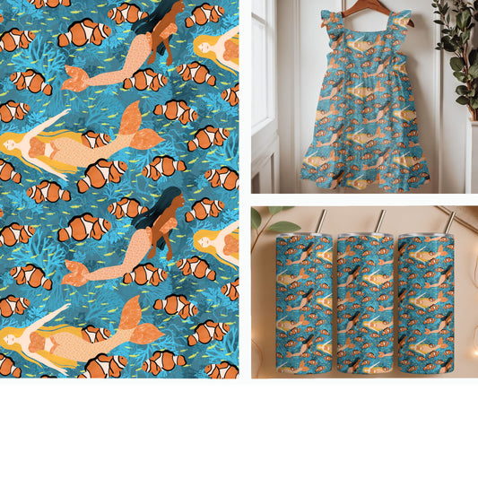Mermaids & Clownfish Reef | Hand-Drawn Underwater Seamless Pattern