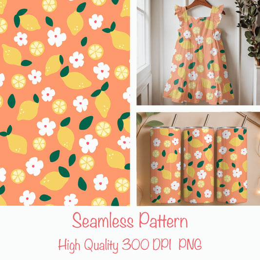 Seamless Lemon Floral Pattern PNG, Citrus Summer Digital Paper 12x12, Surface Pattern Design for Fabric, Packaging, Stationery, Commercial Use