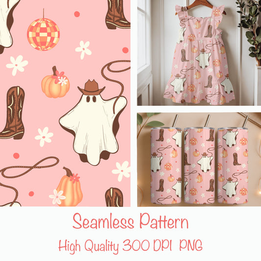 Cowboy Ghost Seamless Pattern – Western Halloween Disco Print | Cute Spooky Boots, Pumpkins & Rope | Pink Retro Surface Design