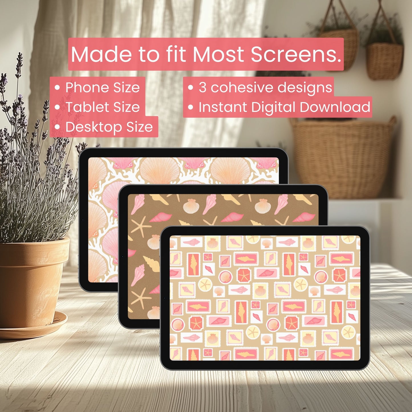 Seashell Cove Wallpaper Set | Coastal Vintage Phone, Tablet & Desktop Backgrounds | Neutral Beach Aesthetic Digital Download