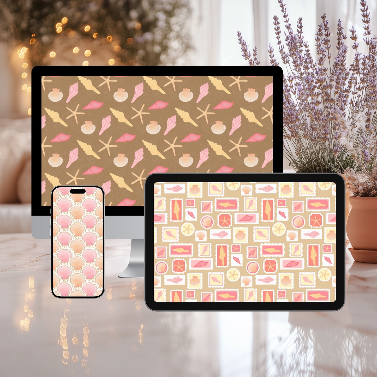 Seashell Cove Wallpaper Set | Coastal Vintage Phone, Tablet & Desktop Backgrounds | Neutral Beach Aesthetic Digital Download