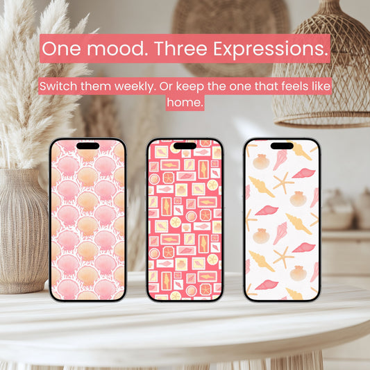 Seashell Cove Pink Wallpaper Set | Coastal Strawberry Aesthetic Phone, Tablet & Desktop Backgrounds | Cute Beach Digital Download