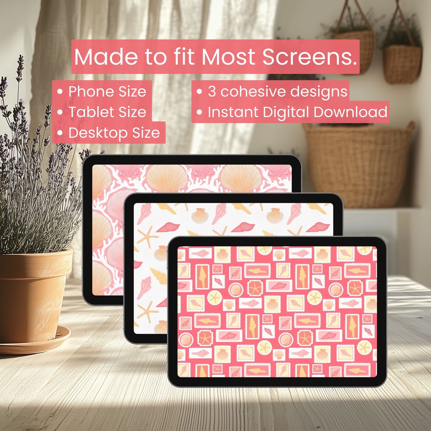 Seashell Cove Pink Wallpaper Set | Coastal Strawberry Aesthetic Phone, Tablet & Desktop Backgrounds | Cute Beach Digital Download