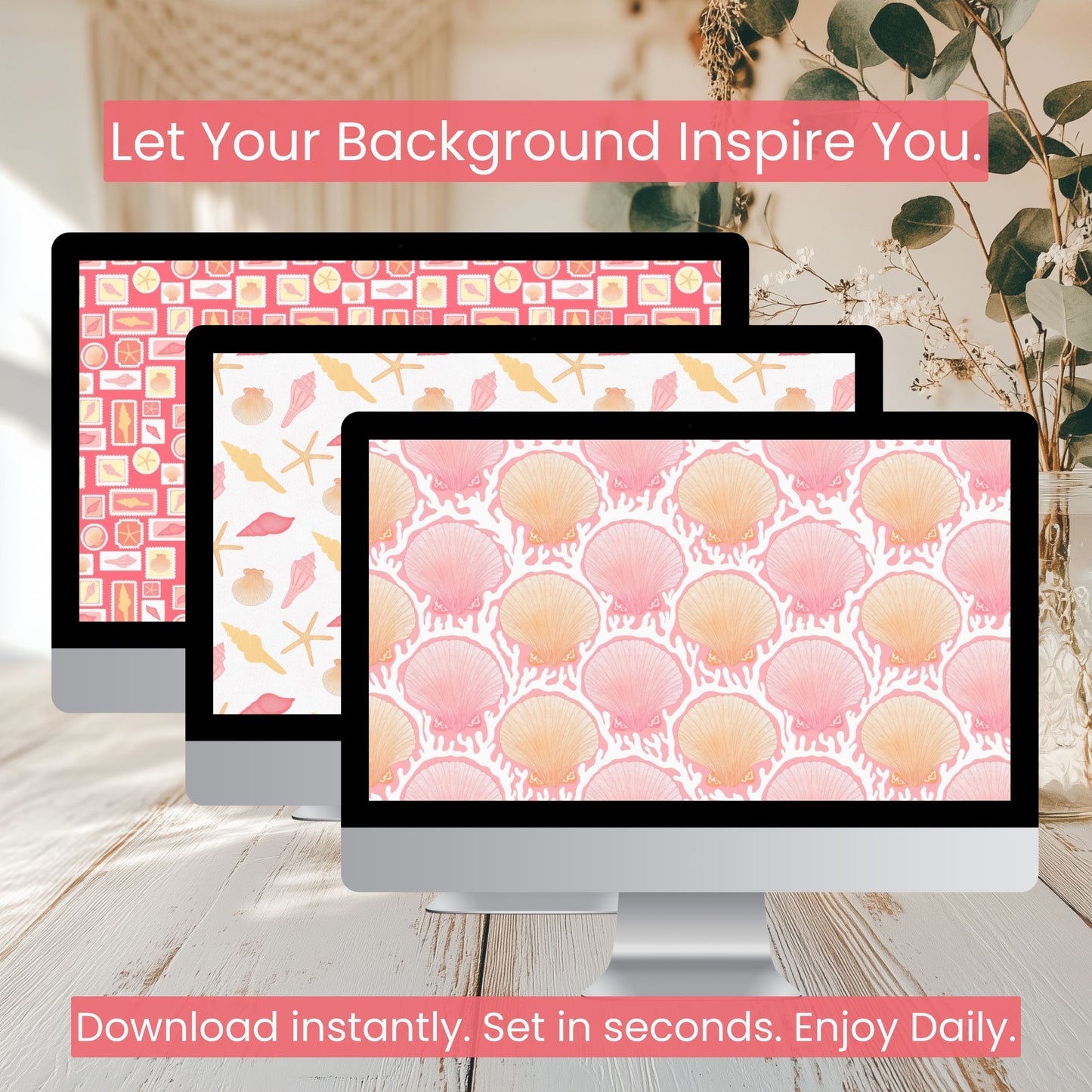Seashell Cove Pink Wallpaper Set | Coastal Strawberry Aesthetic Phone, Tablet & Desktop Backgrounds | Cute Beach Digital Download